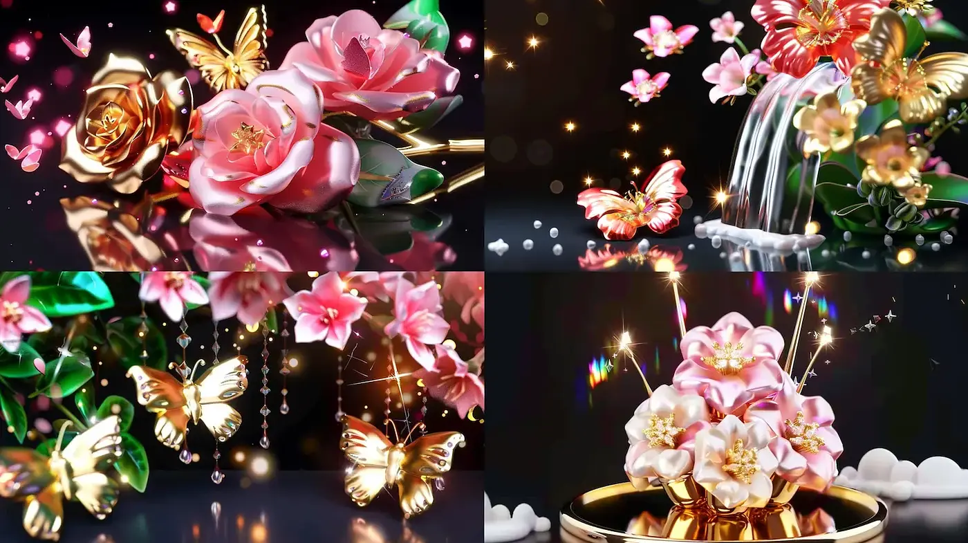 Luminous Floral Fantasy with Glimmering Butterflies and Rich Textures - Midjourney sref style