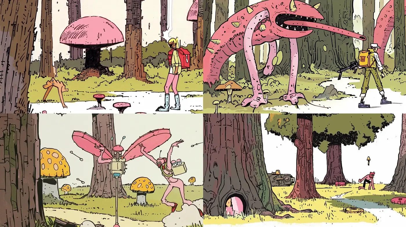 Chronicles of a Surreal Fantasy Forest: A Retro Illustrated Harmony - Midjourney sref style