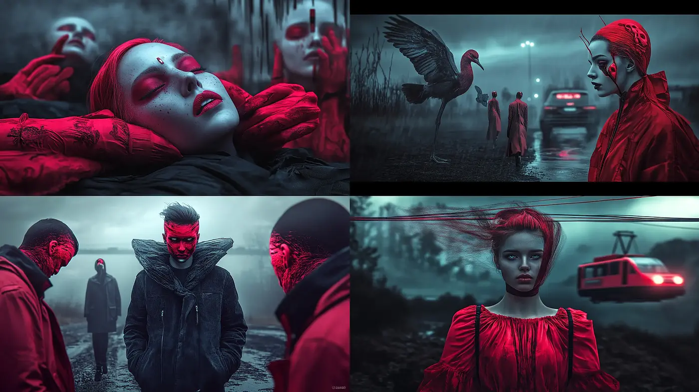 Eerie Cinematic Red on Blue: A Moody Visual Narrative - Midjourney sref style