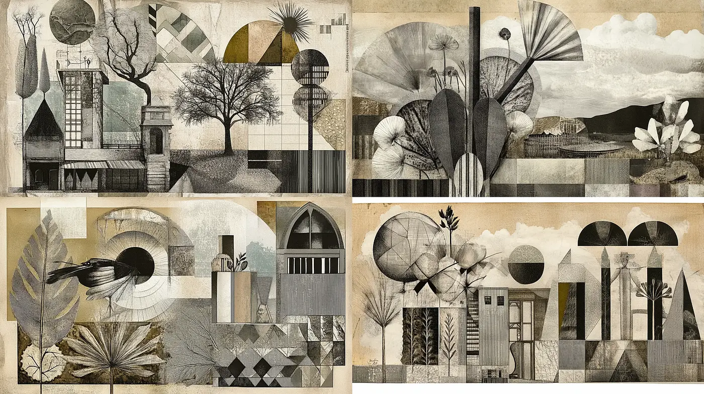 Monochromatic Textured Dreamscape in Contemporary Collage - Midjourney sref style