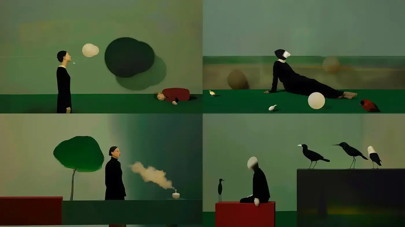 Surreal Minimalist Composition with Distinctive Figures and Playful Elements - Midjourney sref style