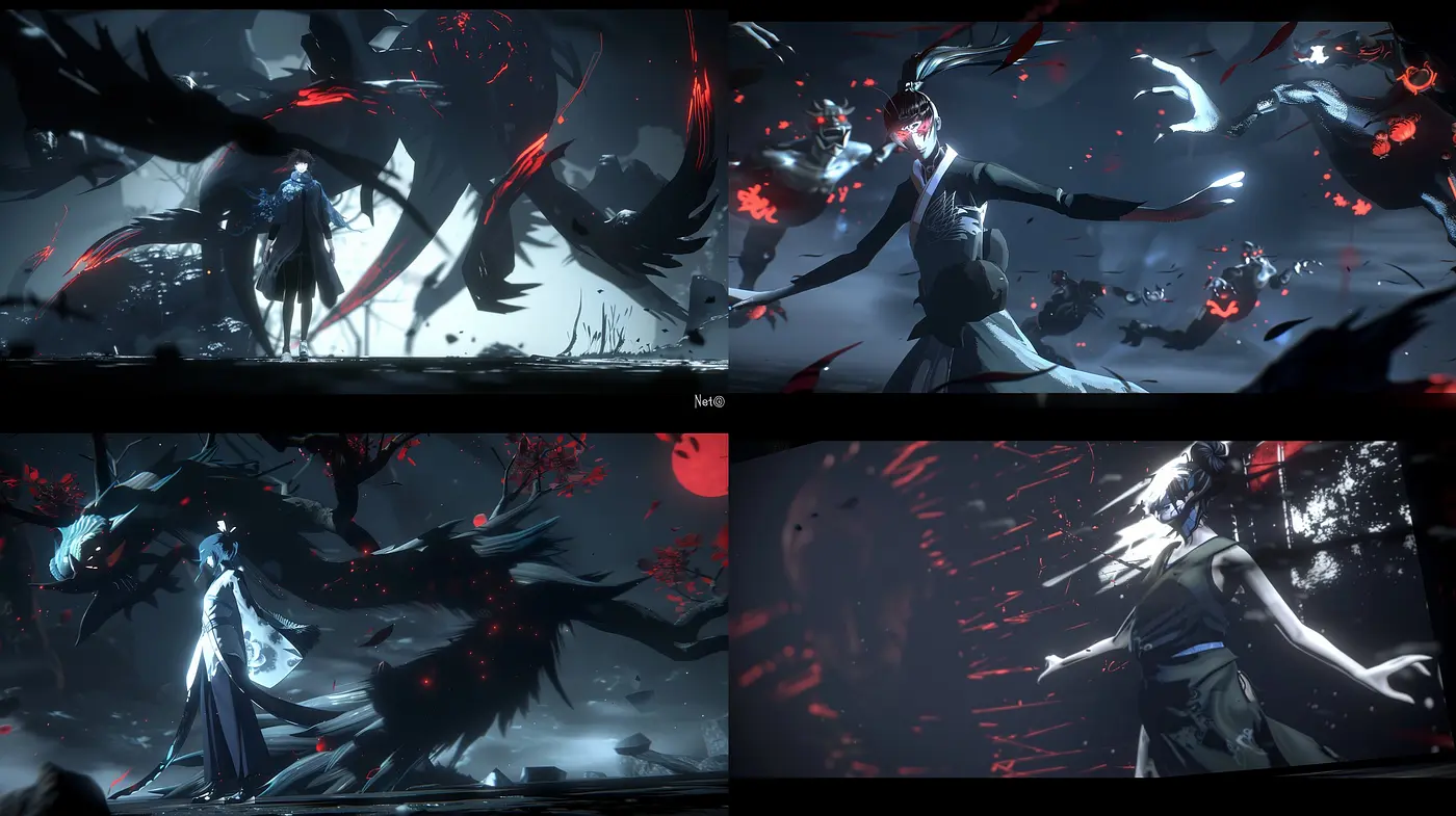 Ethereal Monochrome Dreamscape with Scarlet Accents - Midjourney sref style
