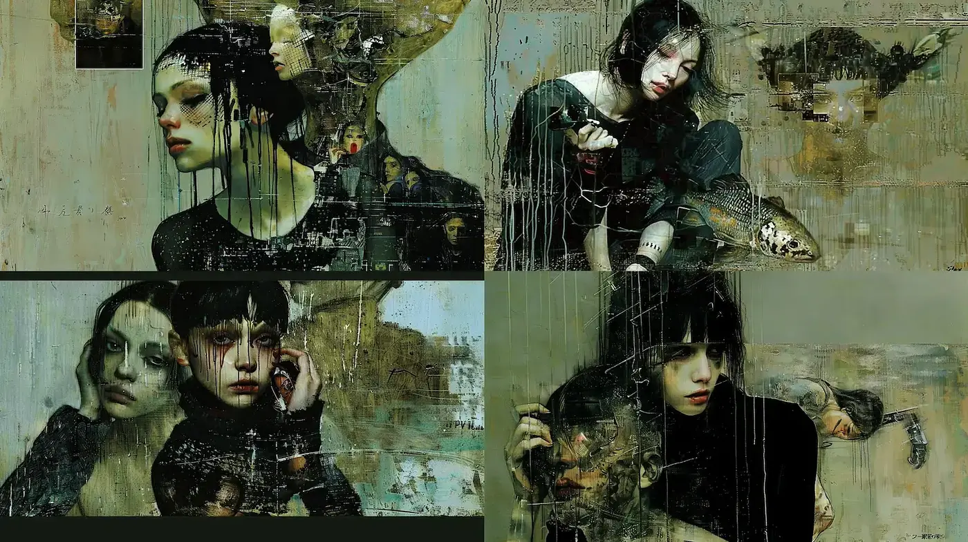 Eerie and Emotional Mixed Media Exploration evoking Surrealism - Midjourney sref style