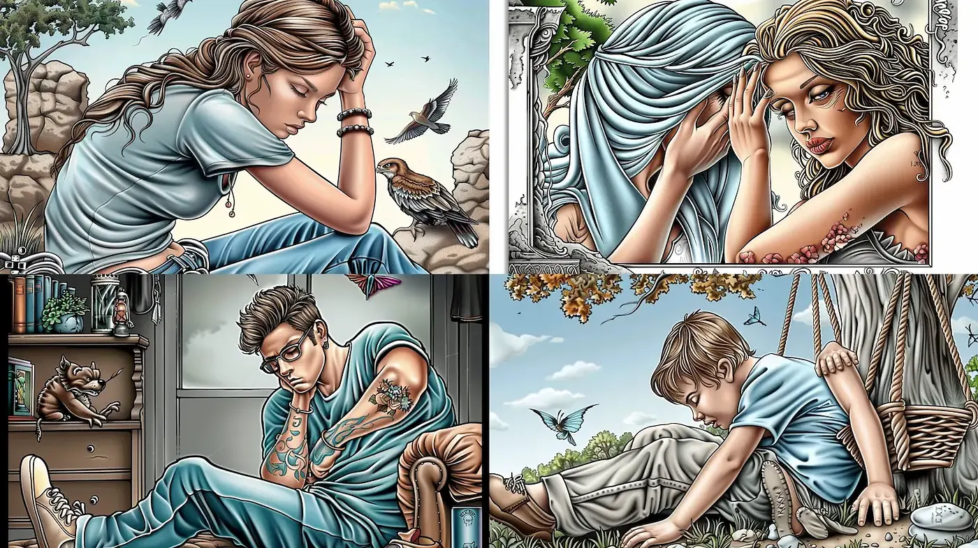 Contemporary Illustrations Reflecting Emotional Depth and Nature Connection - Midjourney sref style