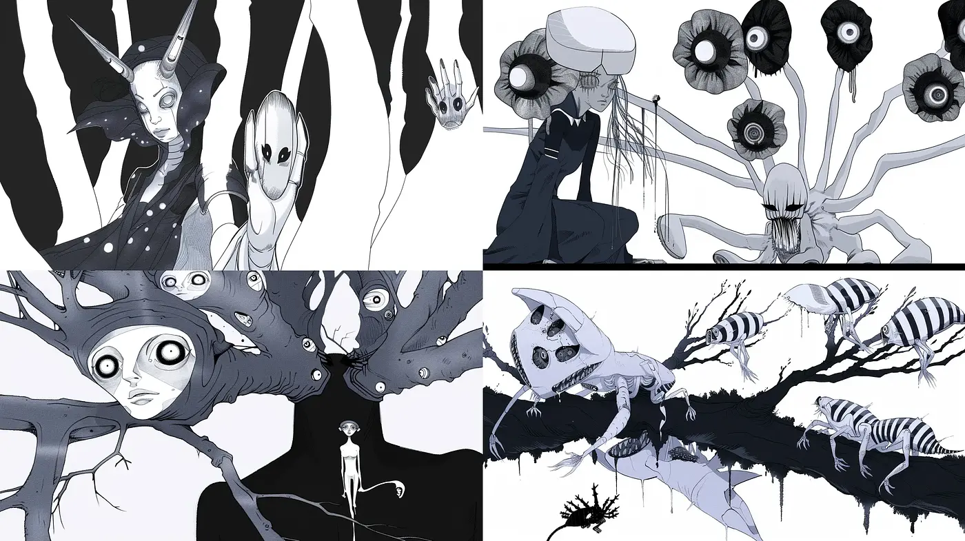 Surreal Monochromatic Dreamscapes with Ethereal Textures - Midjourney sref style