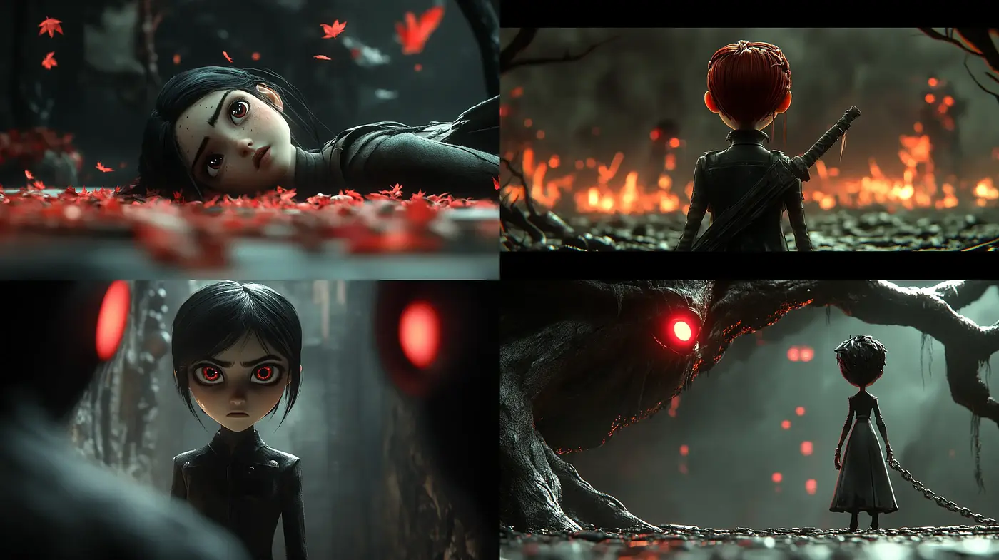 Whimsical Darkness: Red Accents in a Monochromatic Fantasy World - Midjourney sref style