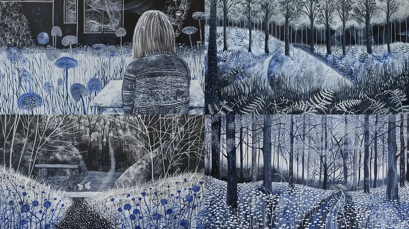 Monochromatic Dreamscape: An Ethereal Exploration in Shades of Blue - Midjourney sref style