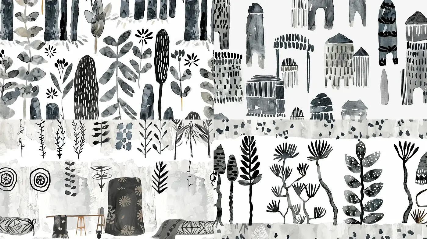 Monochromatic Whimsy: Monochrome Illustrative Exploration of Natural Forms - Midjourney sref style