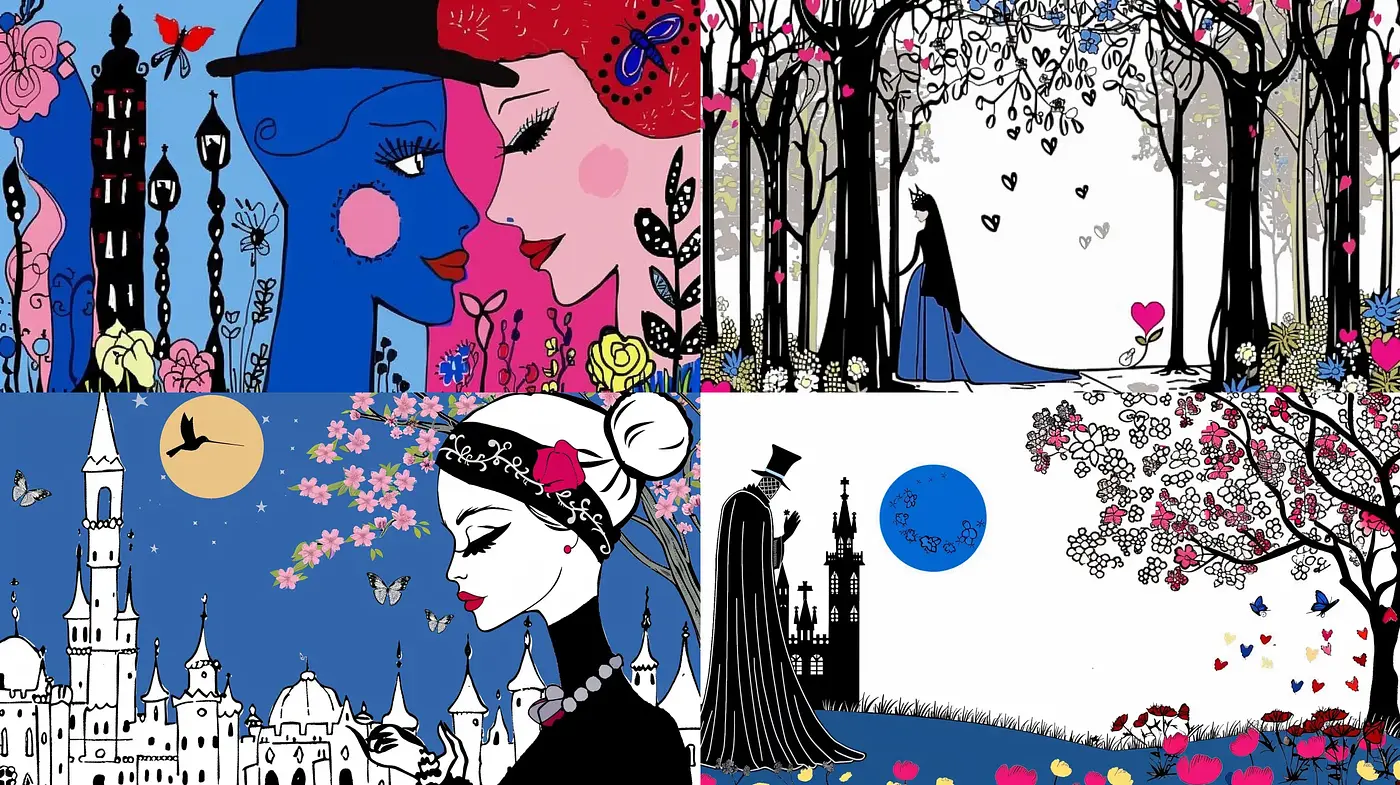 Whimsical Romance in Bold Contrasts and Vivid Tones - Midjourney sref style