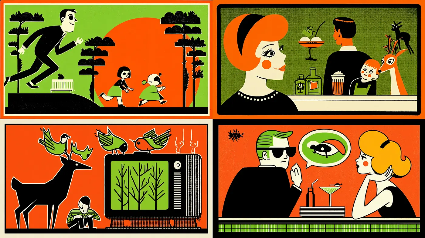 Midcentury Modern Illustrations with Playful Characters and Bold Colors - Midjourney sref style