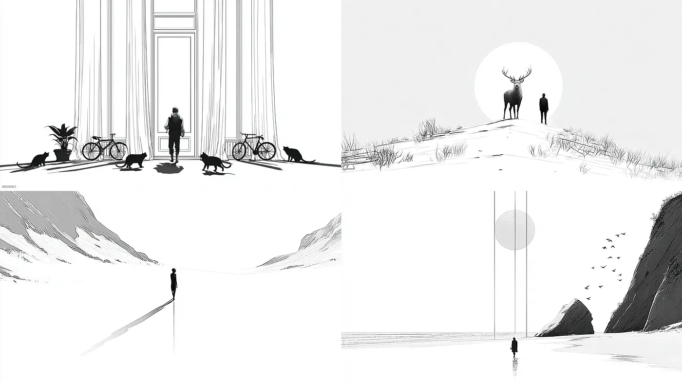 Monochromatic Minimalist Landscapes with Symbolic Elements - Midjourney sref style