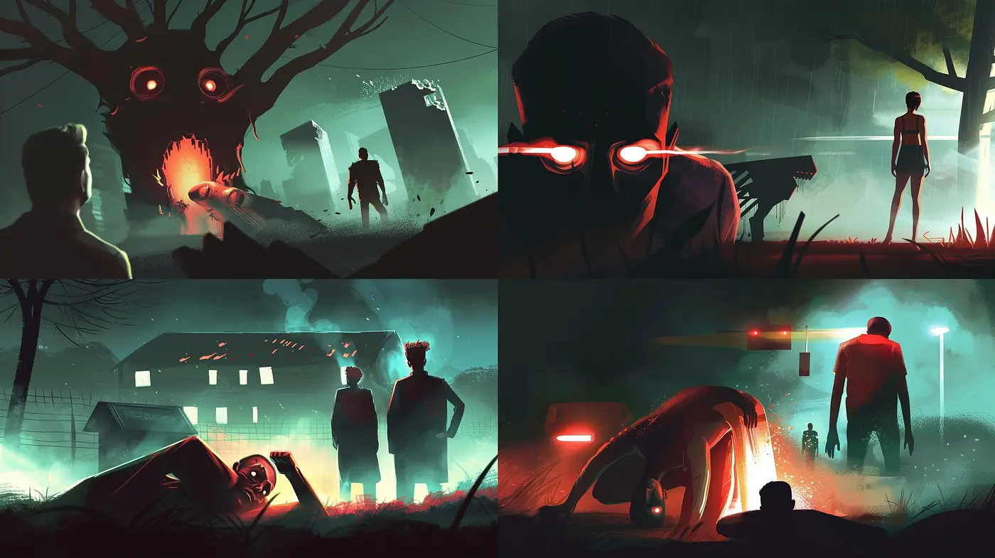 Mysterious Nocturnal Hues in a Stylized Horror Panorama - Midjourney sref style