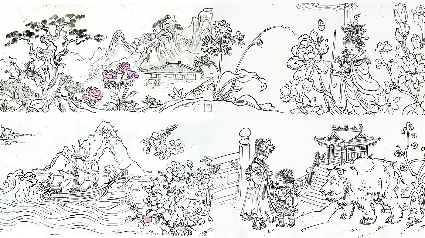 Monochromatic Elegance in Stylized Classical Asian Scenery - Midjourney sref style