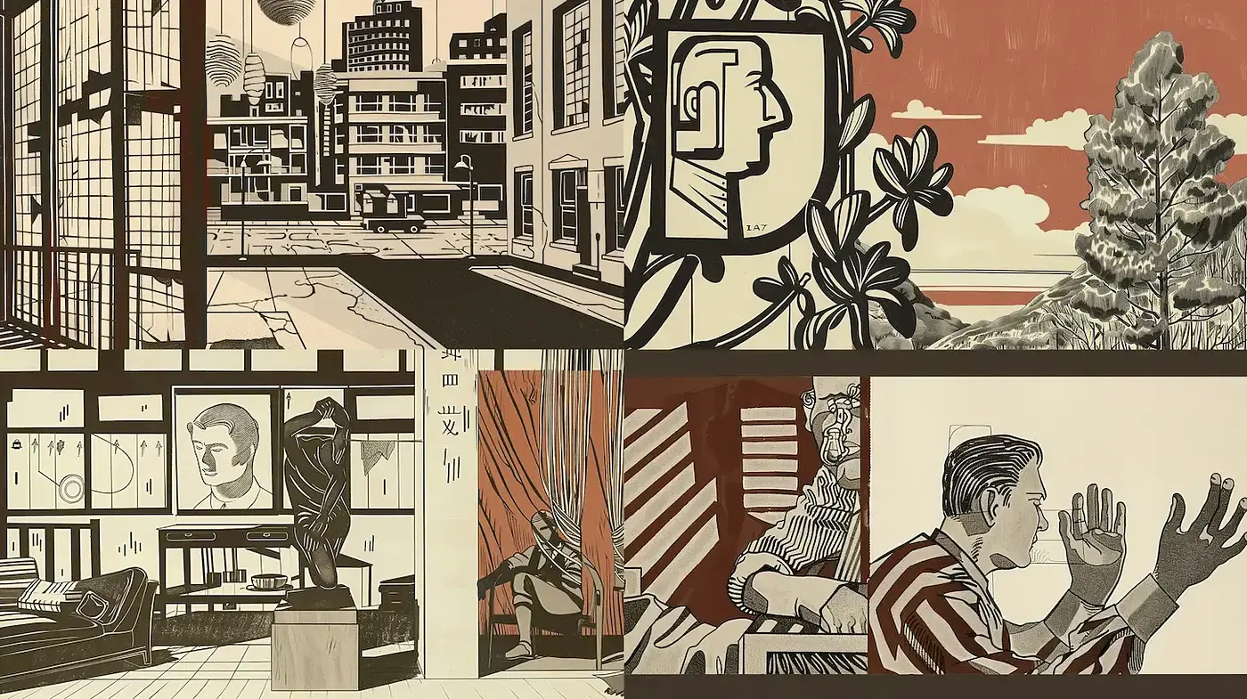 Stylized Depictions with a Retro Artistic Flair and Structural Elements - Midjourney sref style