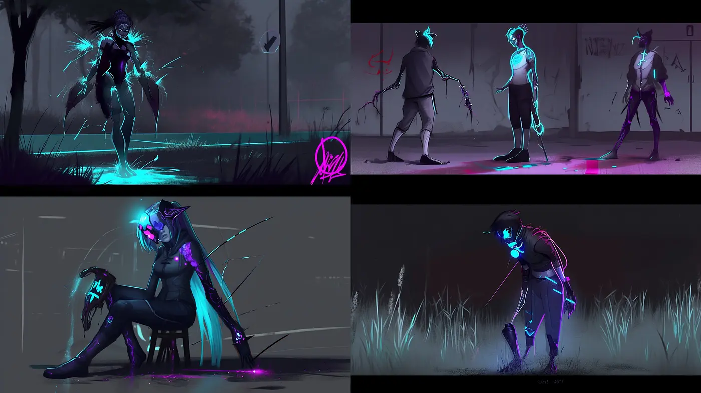 Nocturnal Cyber Synth: A Fusion of Digital Glow and Shadowy Figures - Midjourney sref style