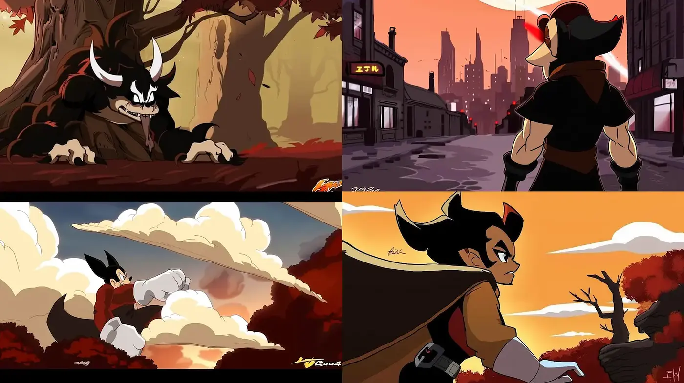 Stylized Character Illustrations with Dynamic Landscapes - Midjourney sref style