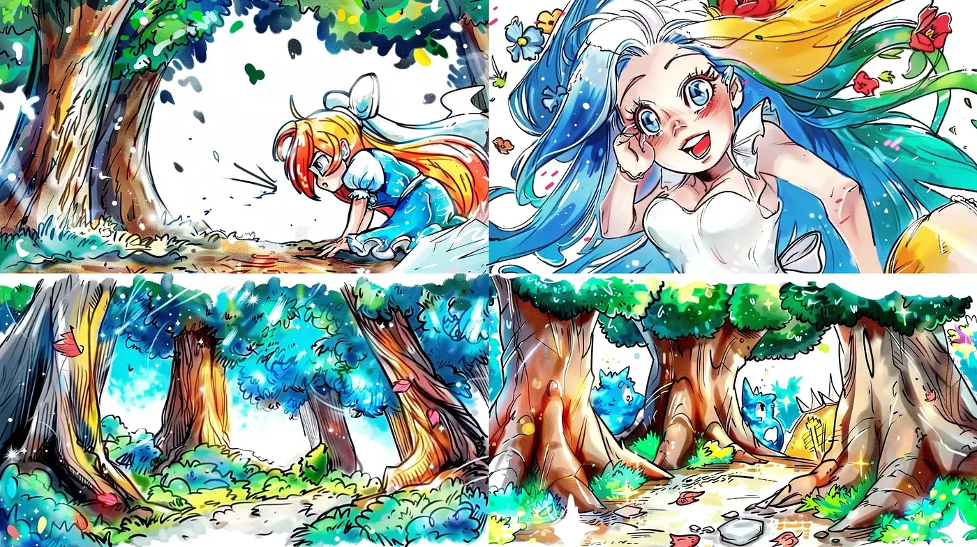 Whimsical Enchanted Forest Illustrations in Vivid Watercolor - Midjourney sref style