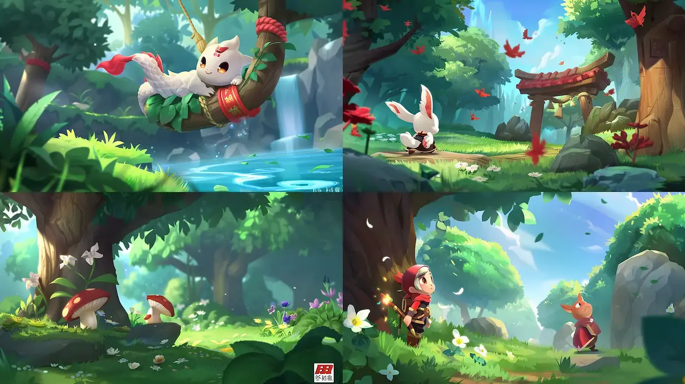 Whimsical and Enchanting Fantasy Landscapes with Playful Creatures - Midjourney sref style