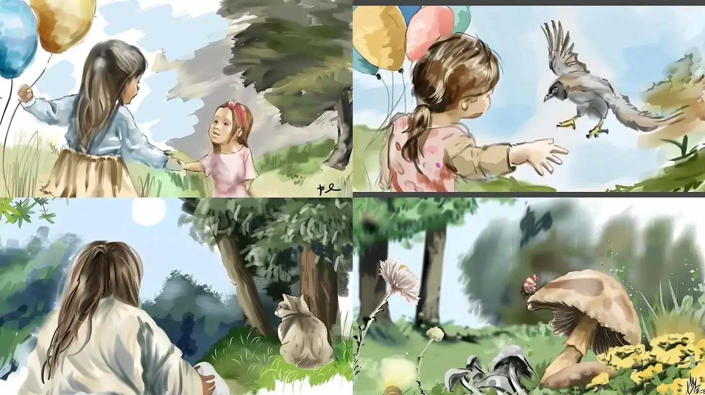 Whimsical and Serene Nature Illustration Style with a Playful Touch - Midjourney sref style