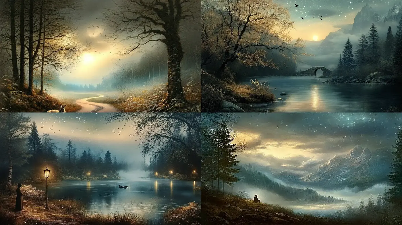 Ethereal Twilight Landscapes with a Serene and Mystical Ambiance - Midjourney sref style