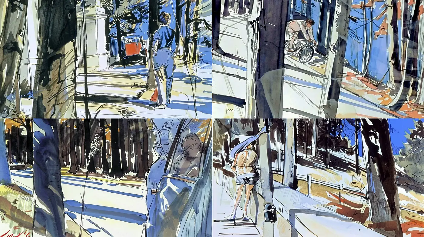 Dynamic Brushstroke Urban Scenes in Distinctive Blue Hues - Midjourney sref style