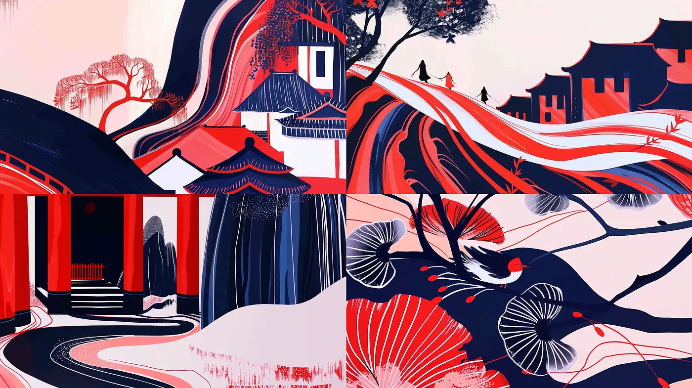 Elegant Contrast in Fluid Forms: A Study in Scarlet and Sapphire Hues - Midjourney sref style