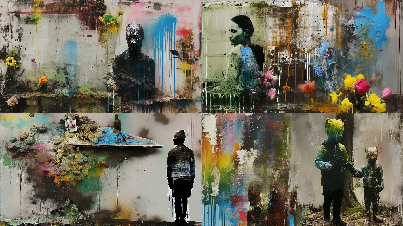 Abstract Drip and Streak Textures Over Figurative Forms - Midjourney sref style