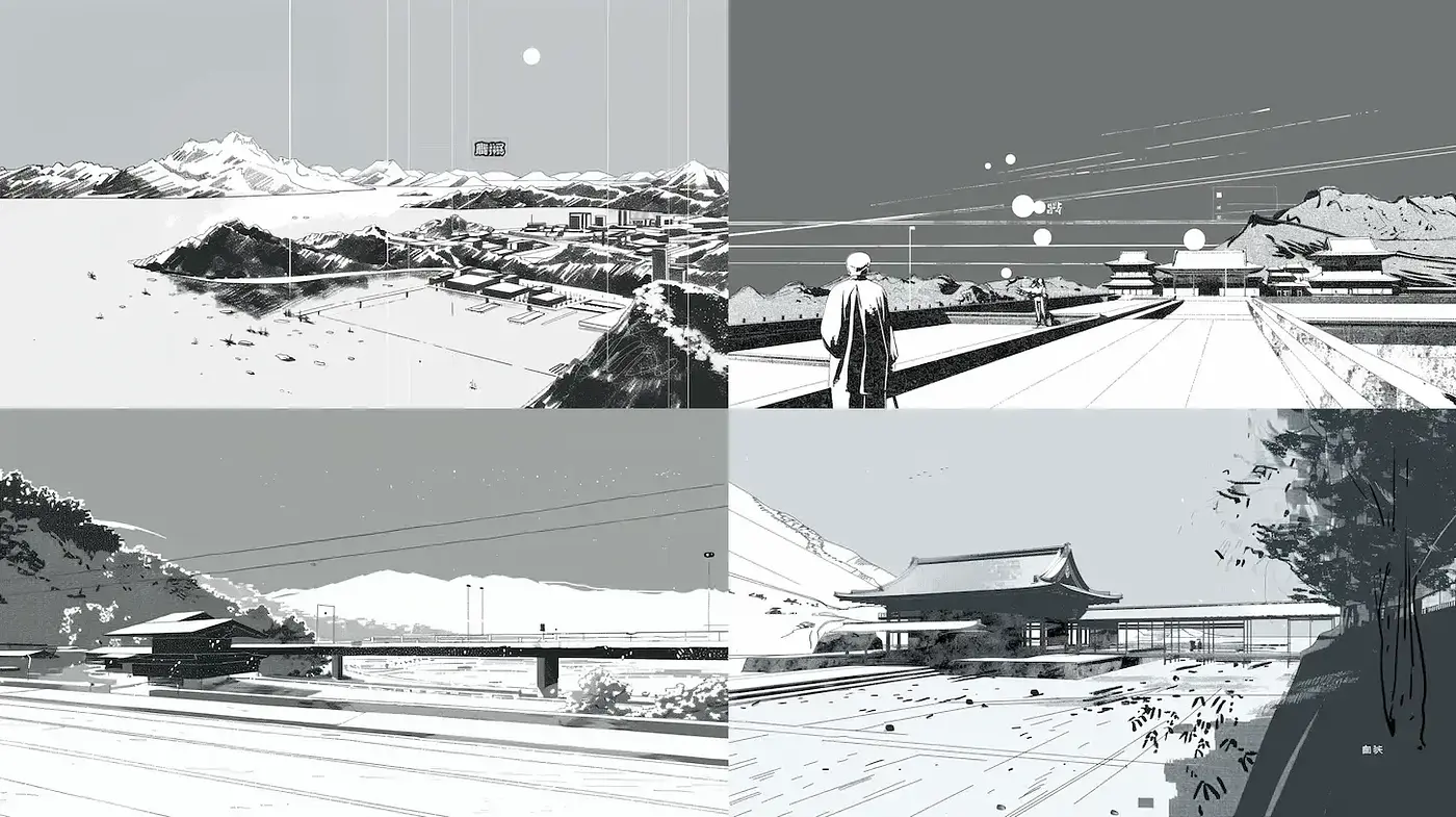 Monochromatic Landscapes with Minimalist Aesthetic and Strong Lines - Midjourney sref style