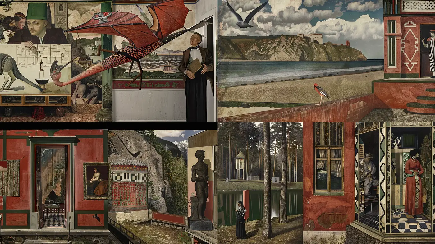 Nostalgic Fusion of Surrealism and Renaissance Homage with Earthy Hues - Midjourney sref style