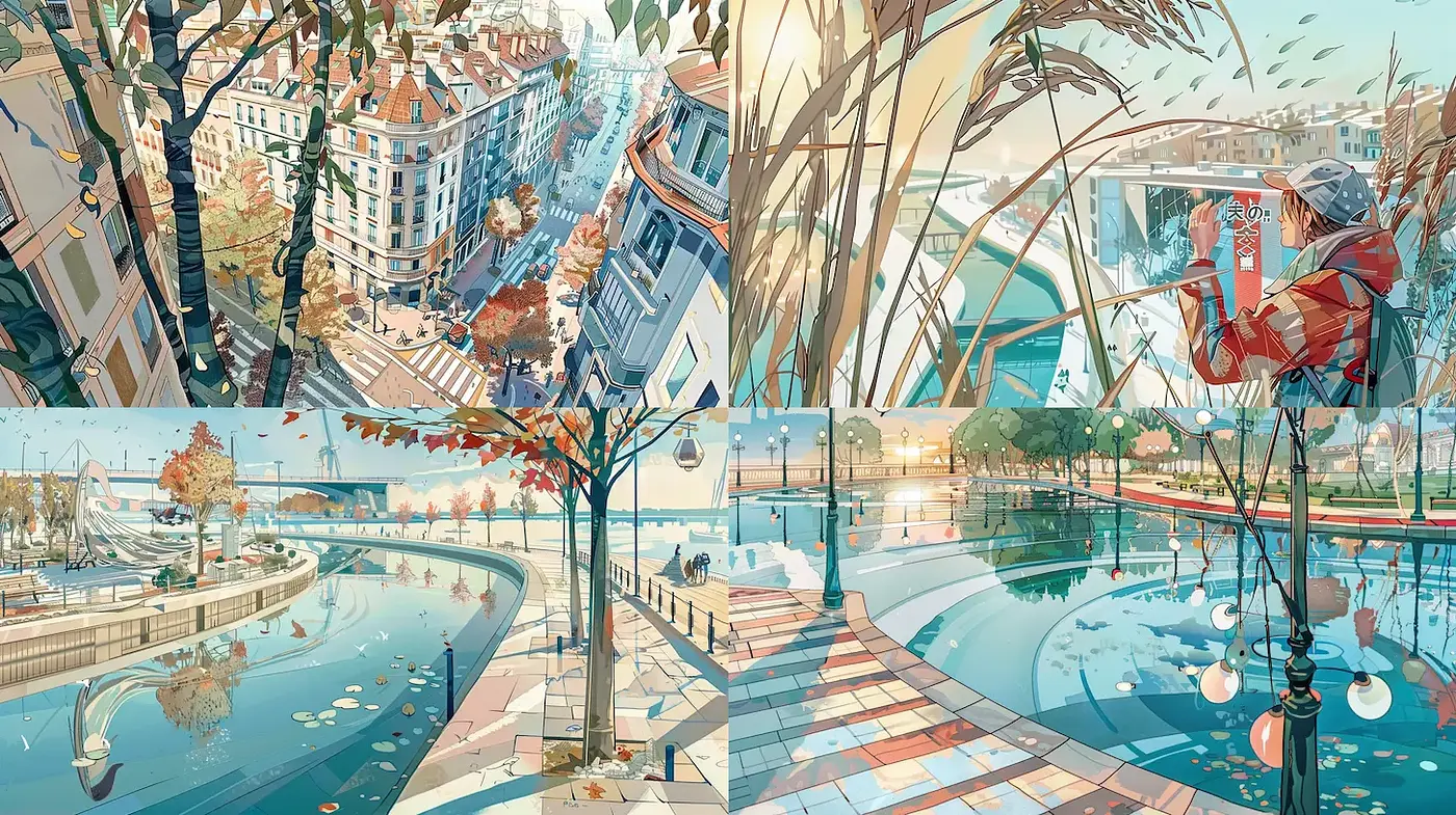 Serene Urban Landscapes with a Touch of Impressionism - Midjourney sref style