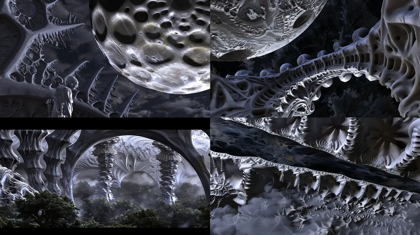 Ethereal Monochrome Dreamscape: A Fractal Exploration of Shadows and Light - Midjourney sref style