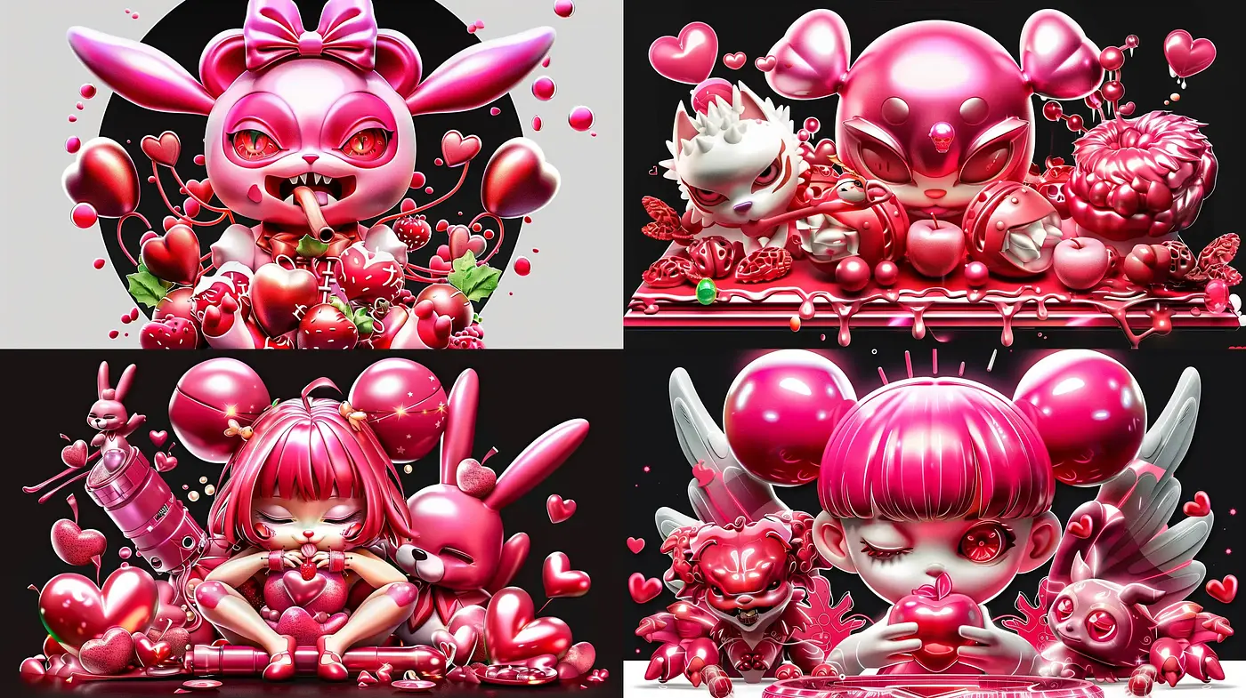 Hyper-Glossy Surrealism with a Playful Anime Twist - Midjourney sref style