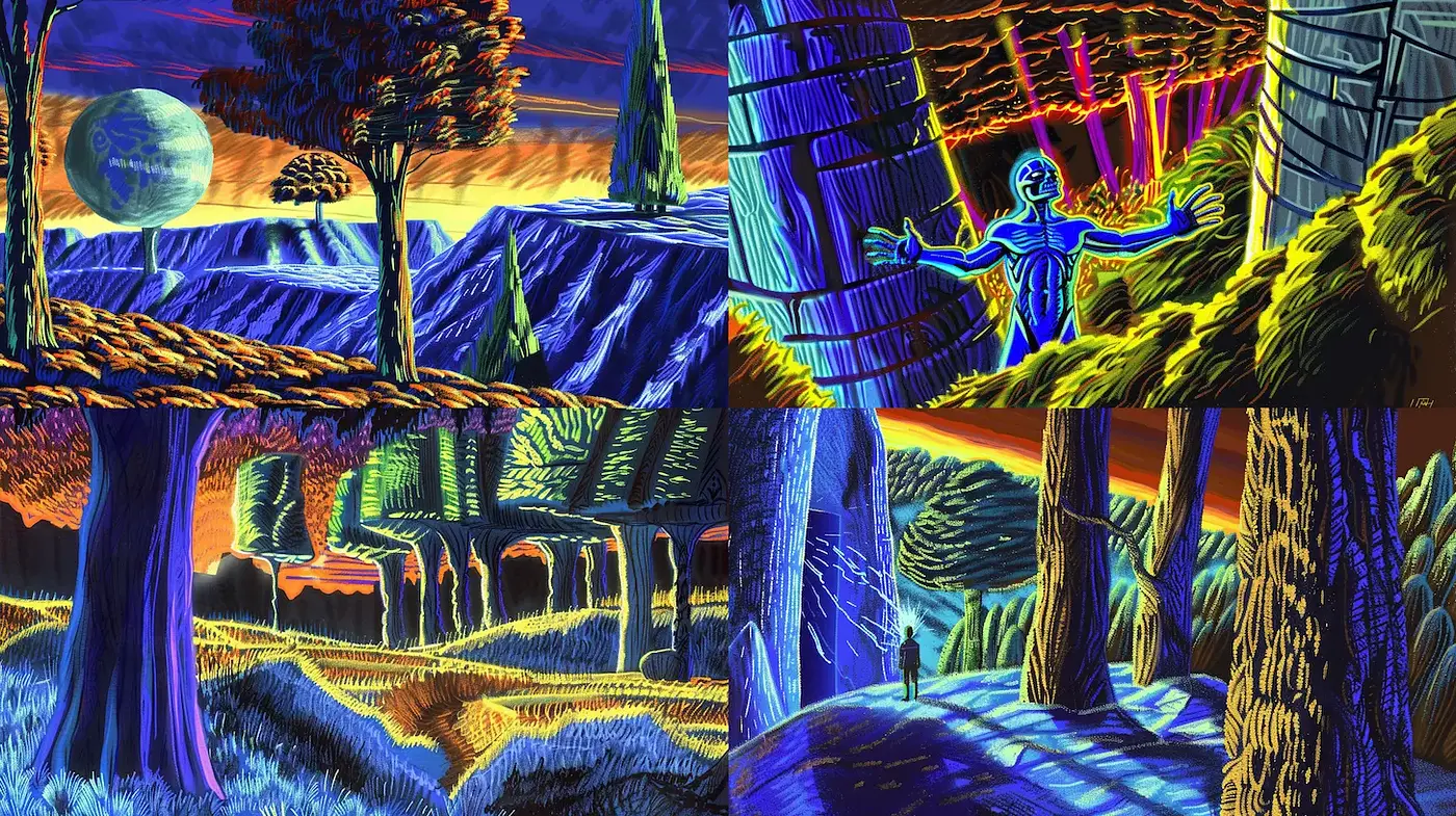 Vibrant, surreal landscapes with a bold color palette - Midjourney sref style