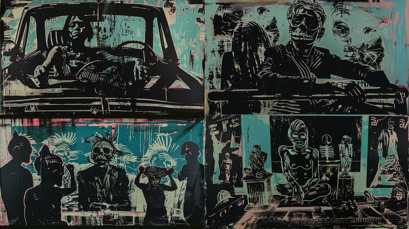 Intriguing Blend of Pop Art and Surrealism with a Macabre Twist - Midjourney sref style