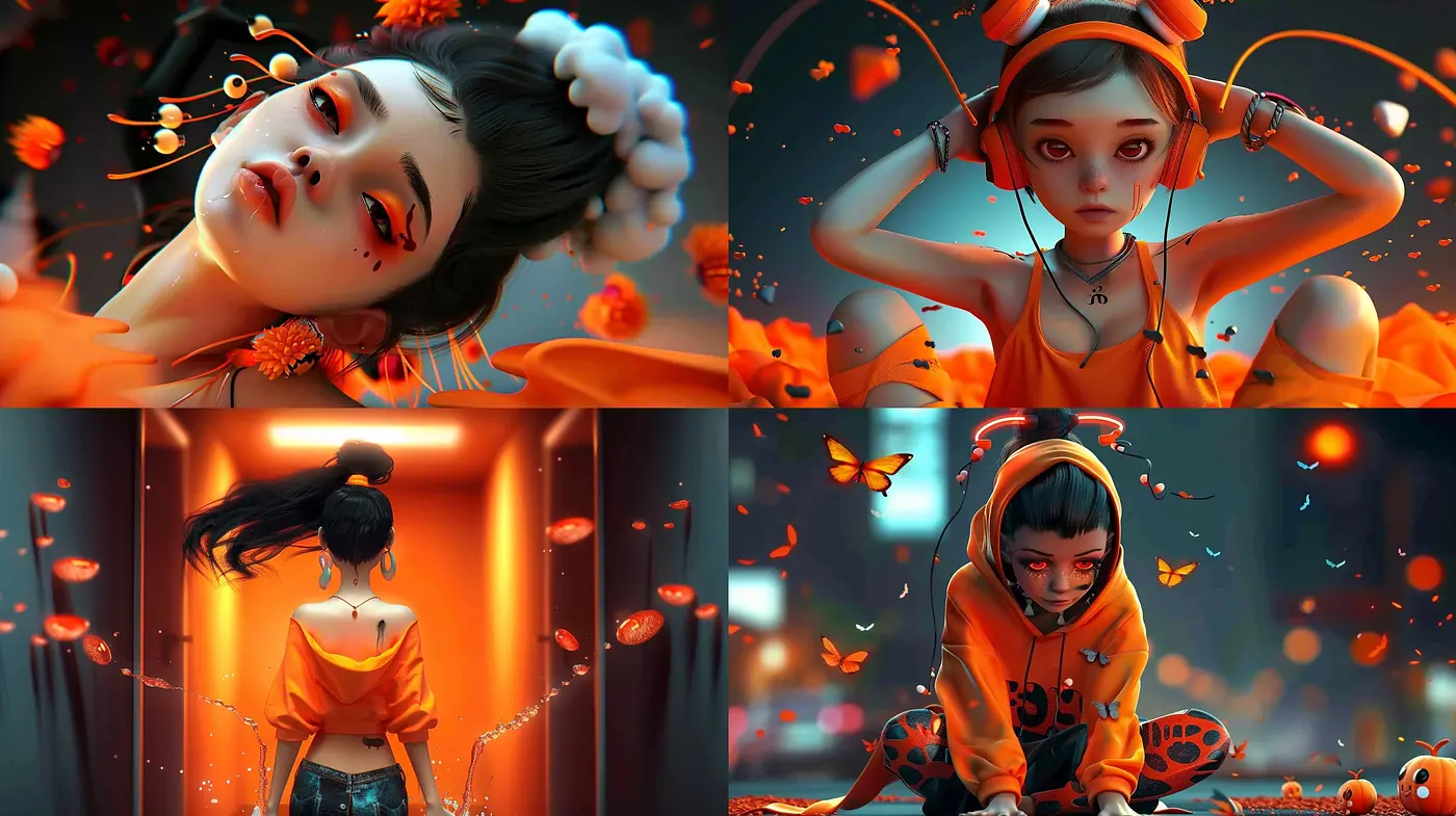 Luminous Dreamscape: A Dazzling Fusion of Vivid Oranges and Dynamic Textures - Midjourney sref style