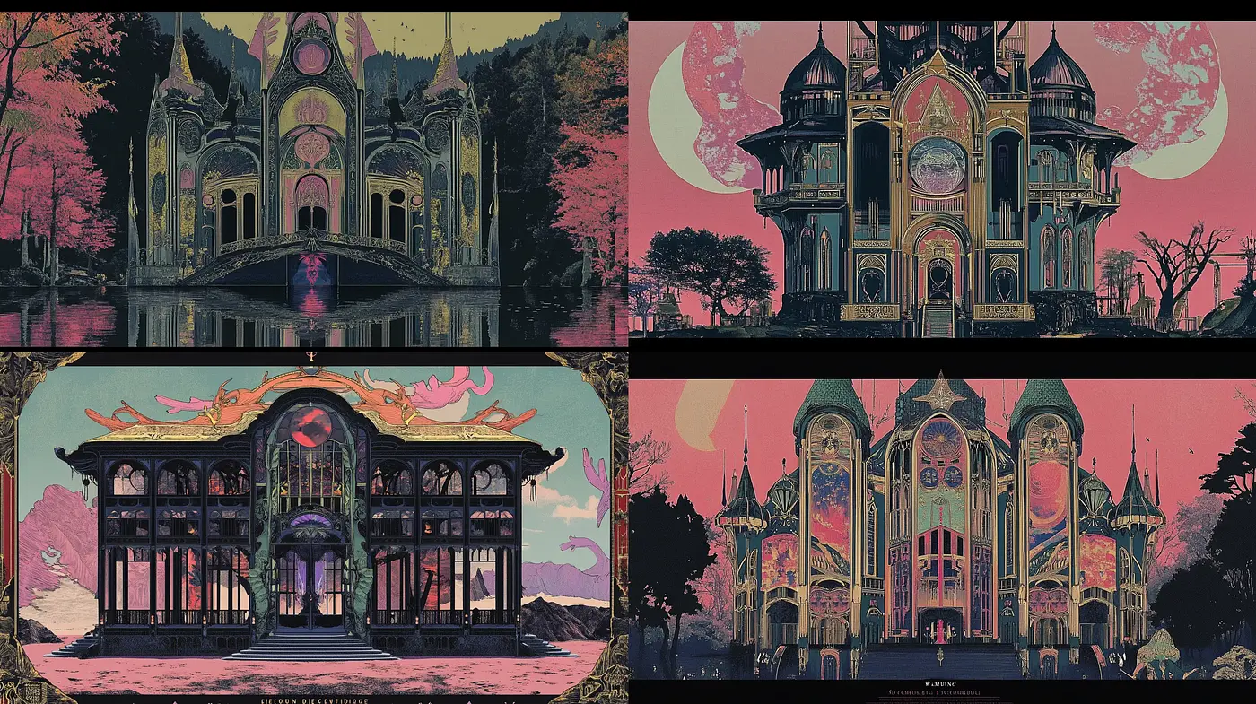 Ethereal Twilight Mansions: A Fusion of Art Nouveau and Ukiyo-e - Midjourney sref style