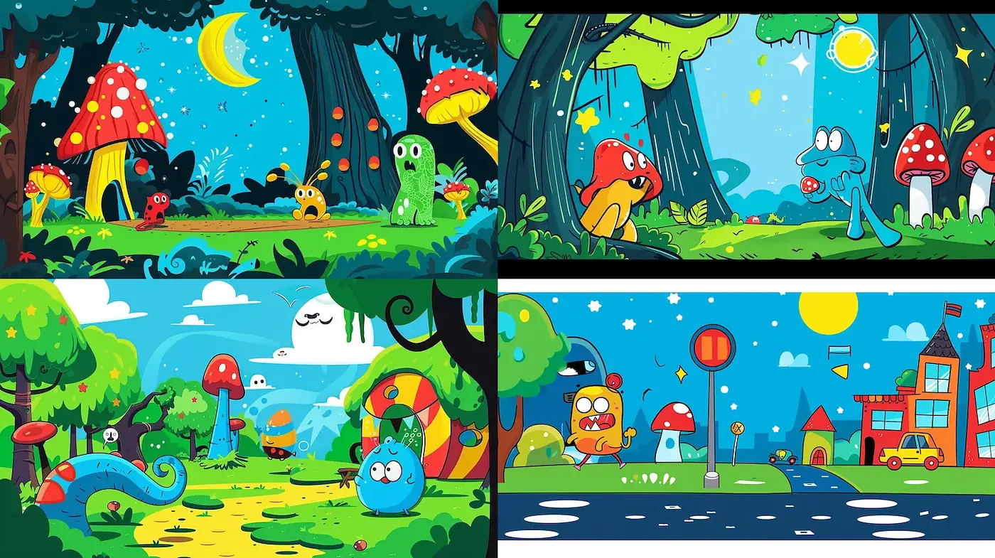 Playful and Colorful Cartoon Landscape with Whimsical Characters - Midjourney sref style