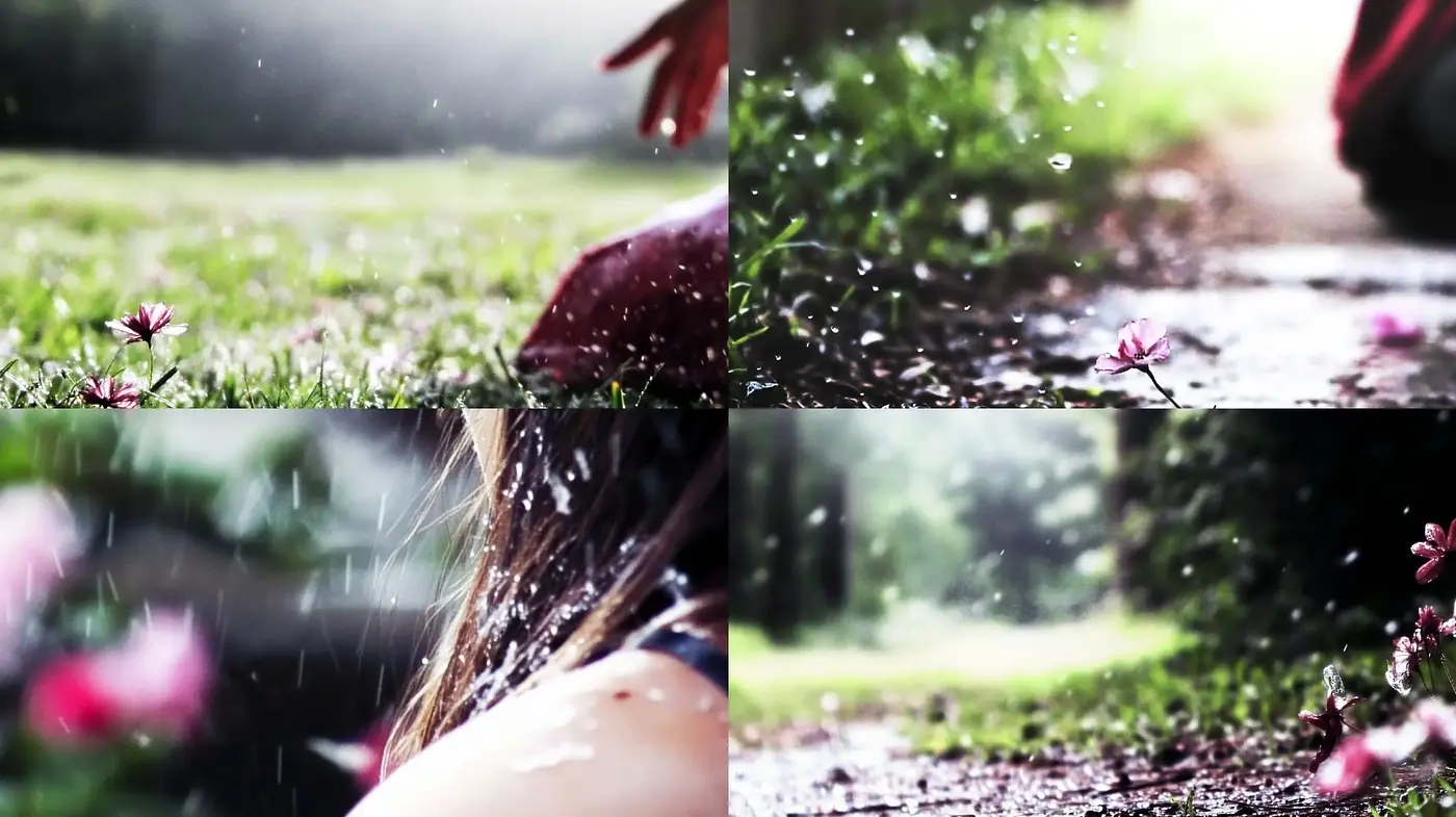 Ephemeral Nature's Moment: Rain Droplets and Blooms Interplay - Midjourney sref style