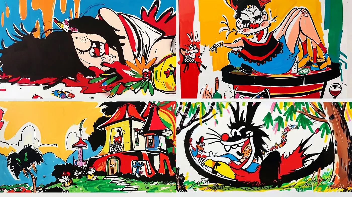 Vibrant Comic Frenzy: A Homage to Looney Tunes and Western Animation - Midjourney sref style