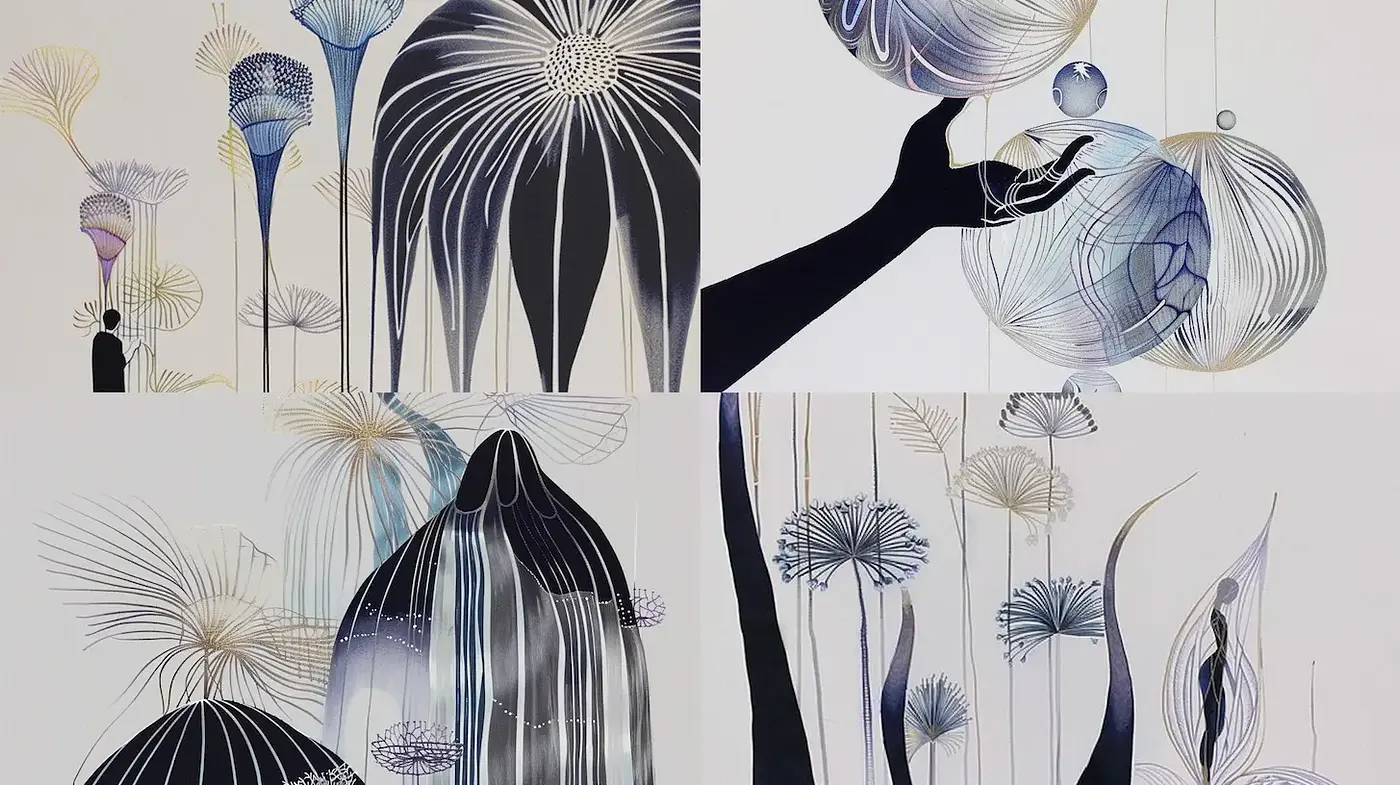 Contemporary Abstract Art with Ethereal Flora and Surreal Elements - Midjourney sref style