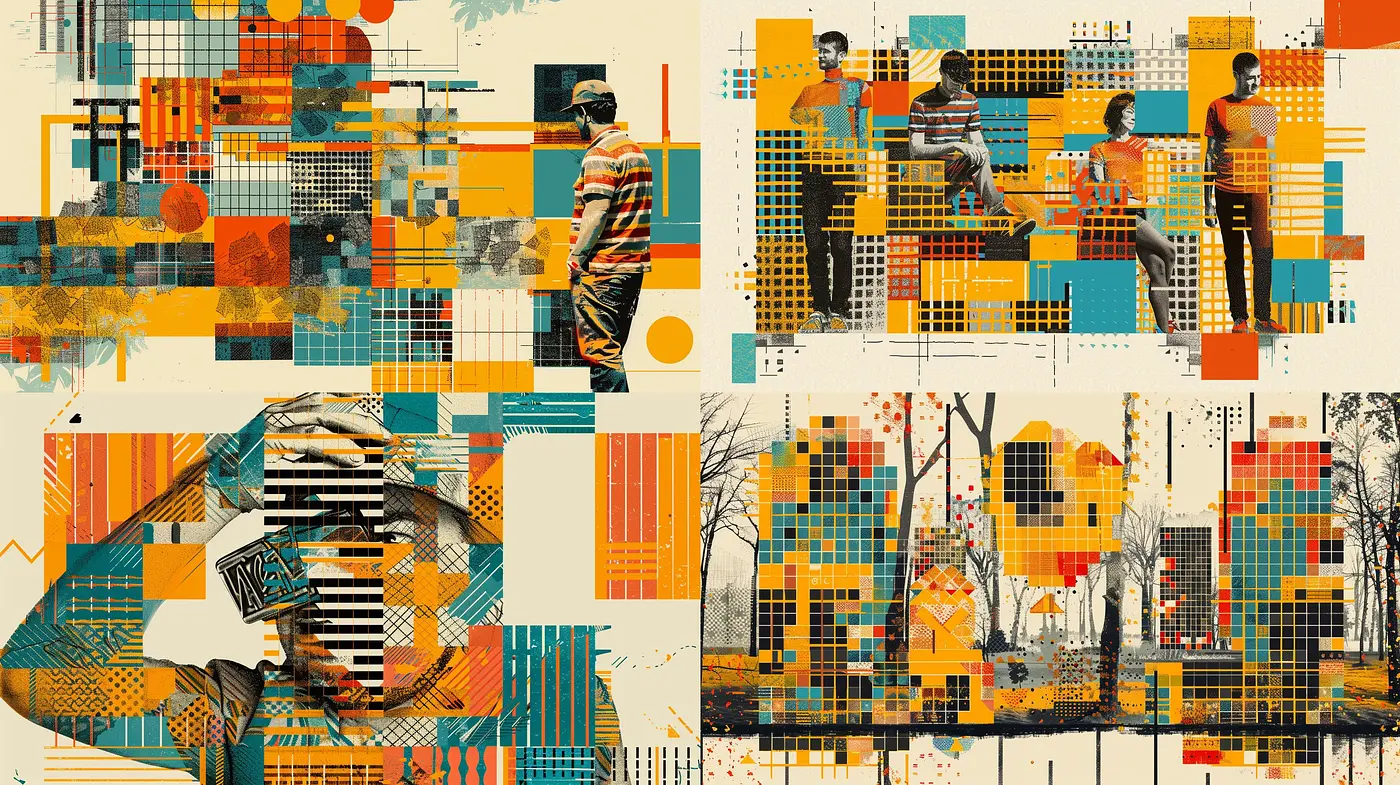 Retrofuturistic Collage Aesthetic with Abstract Geometric Influence and a Warm Autumnal Palette - Midjourney sref style