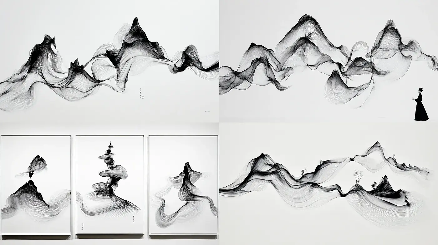 Elegant and Fluid Black Ink Landscapes with a Minimalist Touch - Midjourney sref style