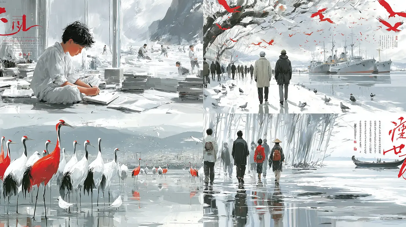 Serene yet dynamic compositions with a blend of muted tones and vivid highlights - Midjourney sref style