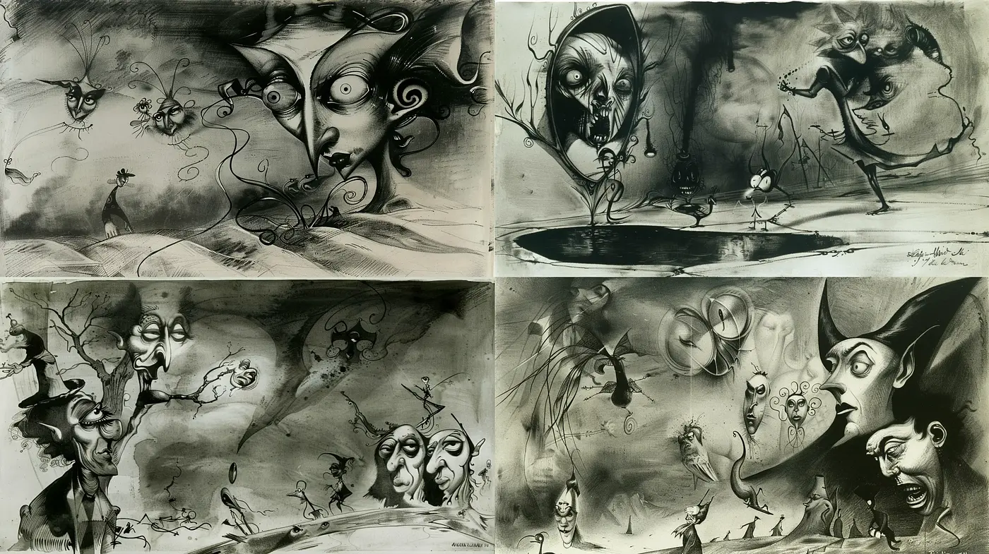 Whimsical Monochrome Fantasia in Surrealist Ink - Midjourney sref style