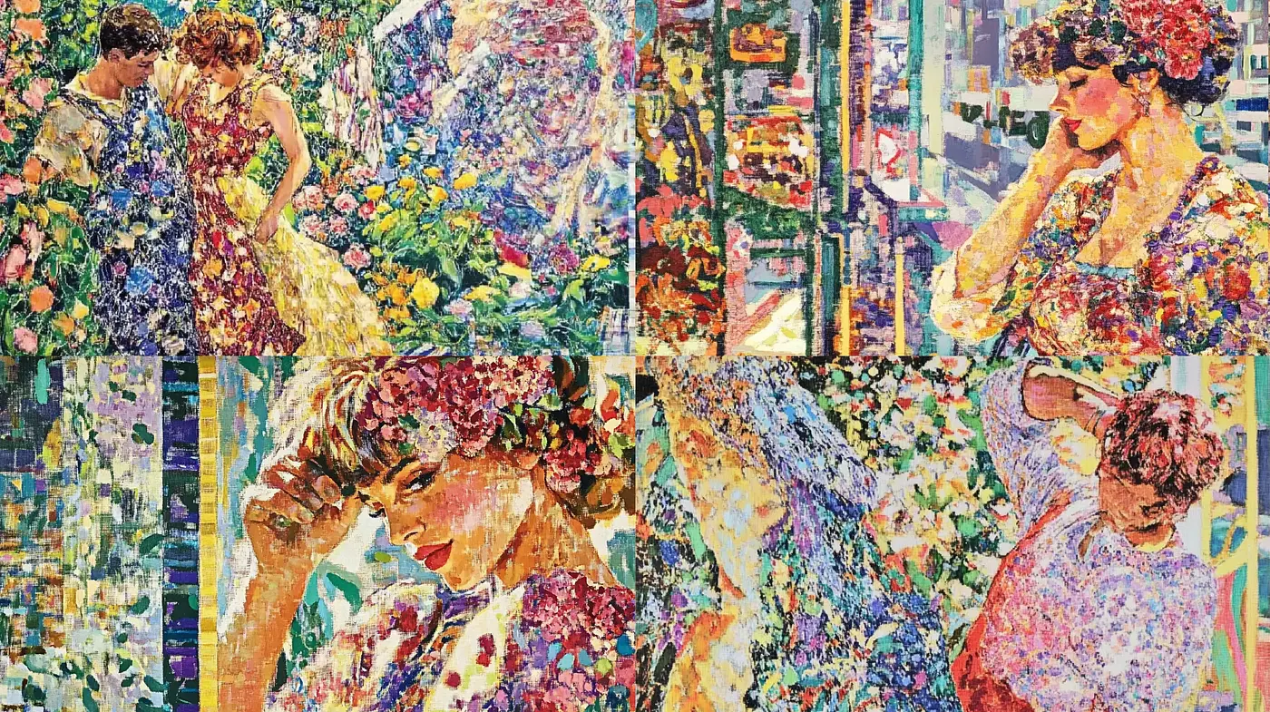 Colorful Mosaic of Modern Impressionism Enriching Romantic and Urban Scenes - Midjourney sref style