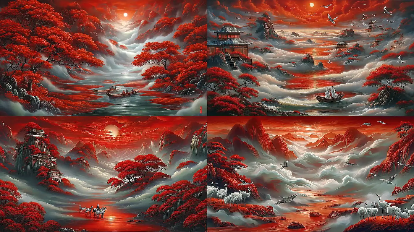 Dramatic and Ethereal Landscape Artwork with Consistent Warm Tones - Midjourney sref style