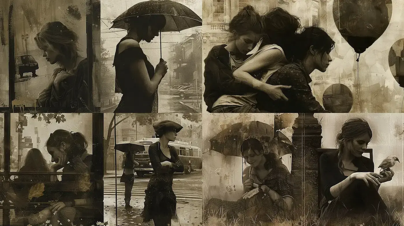 Sepia-Toned Storyboard of Pensive Moments - Midjourney sref style
