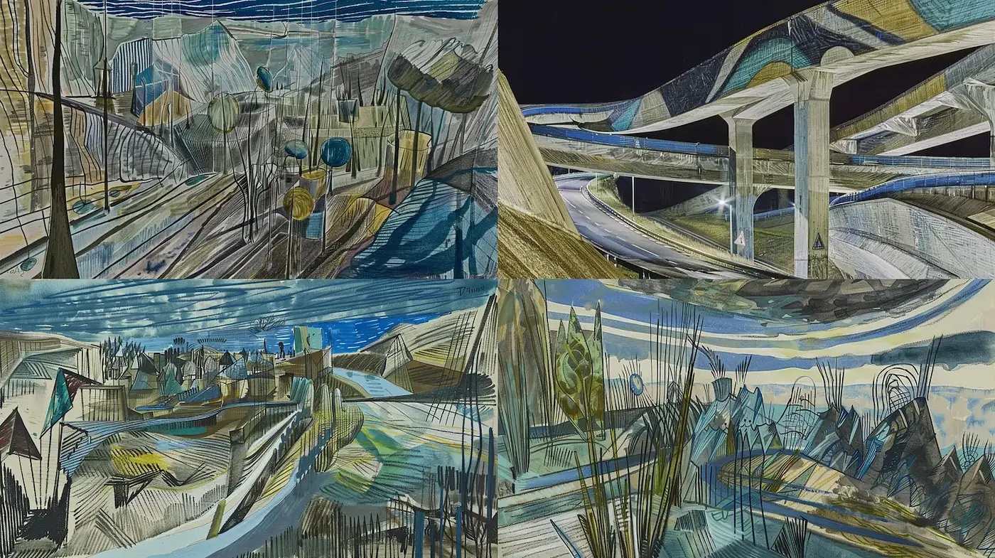 Dynamic and Abstract Urban Landscapes with Textural Depth - Midjourney sref style