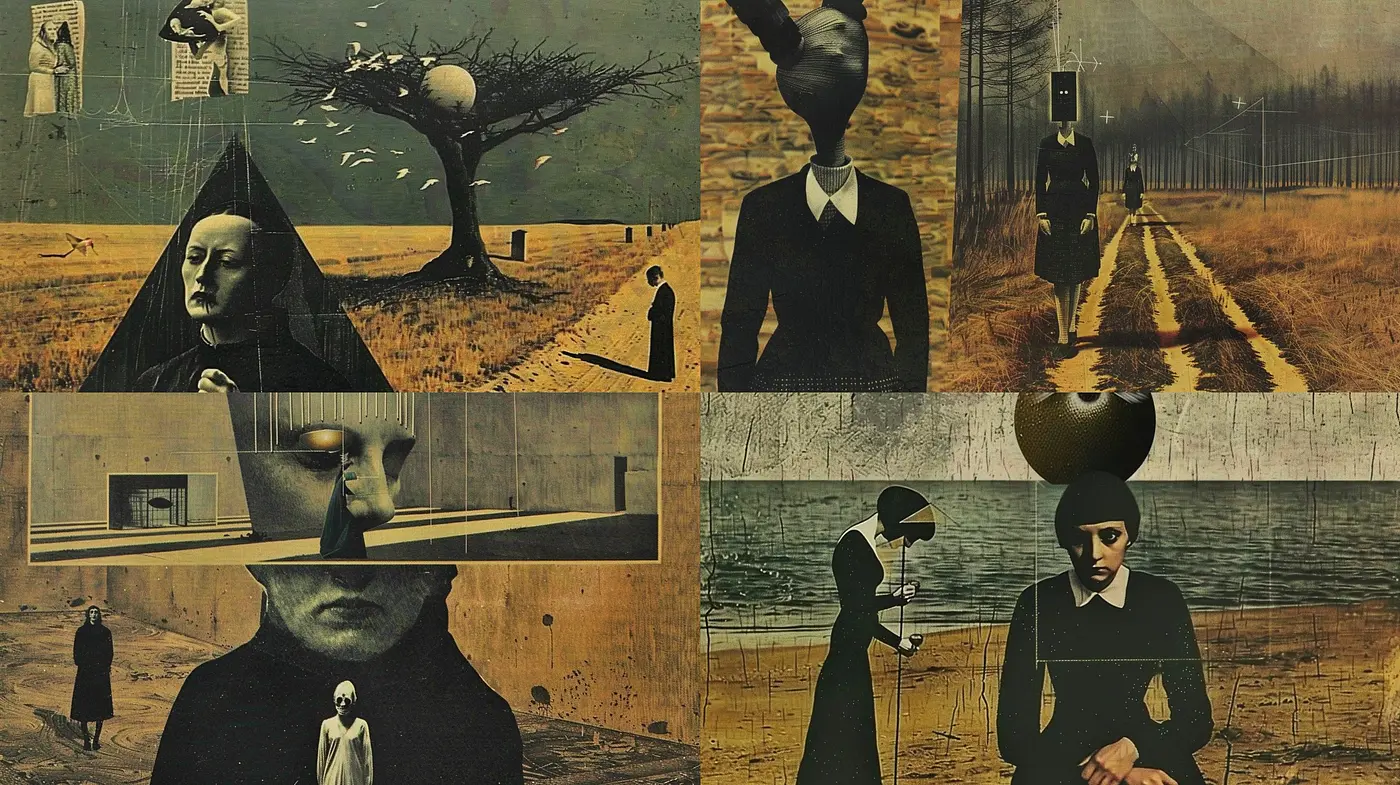 Surreal Harvest of the Monochrome Mindscapes: A Symphony in Sepia and Shadows - Midjourney sref style