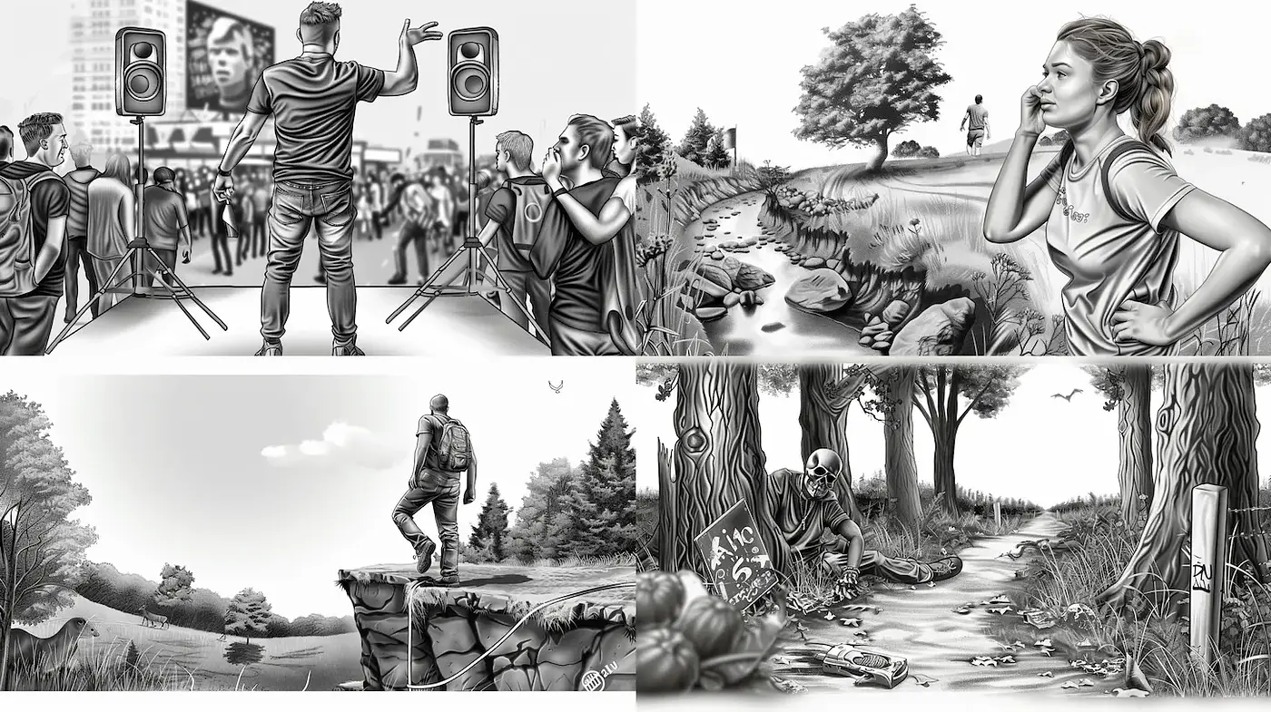 Monochromatic Illustrations with a Social Narrative and Natural Elements - Midjourney sref style